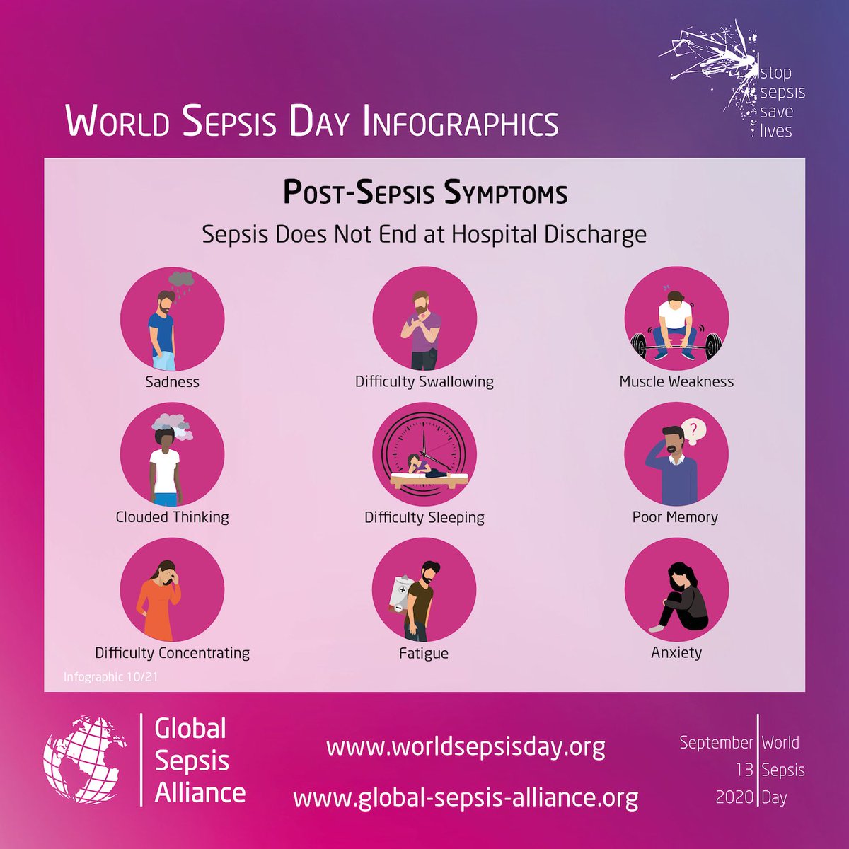 WorldSepsisDay's tweet photo. #Sepsis itself does not end at hospital discharge - many #sepsissurvivors develop physical and psychological symptoms. Learn about post sepsis symptoms.👇 https://t.co/aa3dkeviPJ