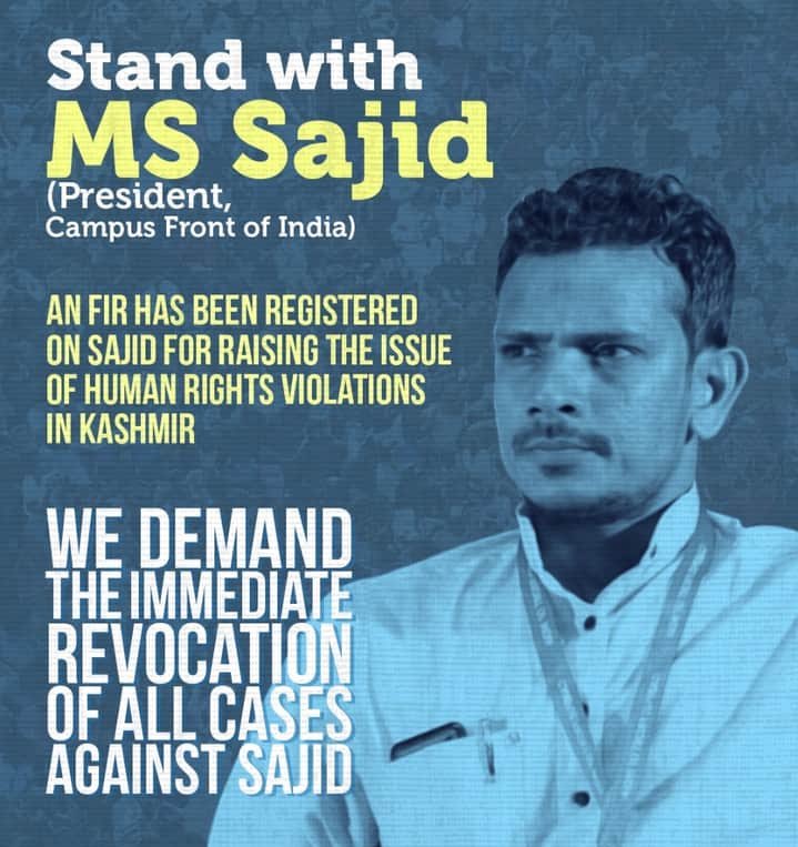ShadabSaifie's tweet photo. FIR on JNU research scholar & CFI National President @SajidbinSayed owing to his tweet criticizing human rights violations in Kashmir is highly Condamabale. It is all about intimidation & silencing political dissenters. Revoke FIR !
#StandWithSajid
#RevokeCaseAgainstMS https://t.co/uHL9ysnHAJ