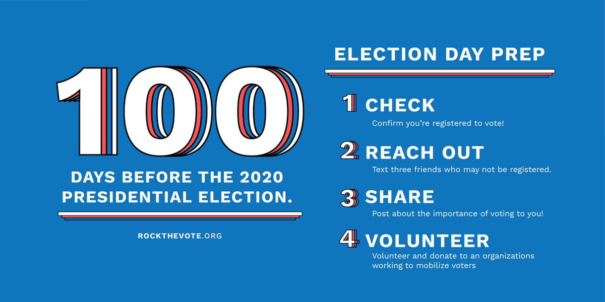 RockTheVote's tweet photo. In 100 days, we will be voting in the 2020 Presidential election. 

How prepared are you for November 3rd? 

We've got some action items for you to make sure you're helping yourself and saving democracy at the same time. 

Let's get this countdown rolling!! #RockTheVote #Vote2020 https://t.co/DgKpW7SvJ4