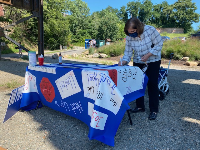 JonSokolow's tweet photo. There will be #NoMVP!!  From #WeAreAllUnionHill to #BentMountain, the #ThereIsNoACP #NoMVP  #UnityBanner is travelling across Virginia!  Today it's in Richmond.  Thank you Senator @Hashmi4Va for stopping by to show your support! @svponton @browncolleen https://t.co/sVdo4BRWuo