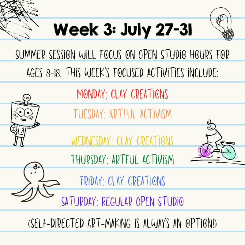 buildingCOURAGE's tweet photo. Here's the week ahead at a glance! We have two Open Studio sessions per weekday from 1-3pm (for ages 8-13) and from 3:30-5:30p (for ages 13-18). Each day, we'll feature a focused art project noted above. Review our COVID requirements &amp; reserve your space! 
https://t.co/AxM4SNSFv7 https://t.co/V5ksV7OFgf