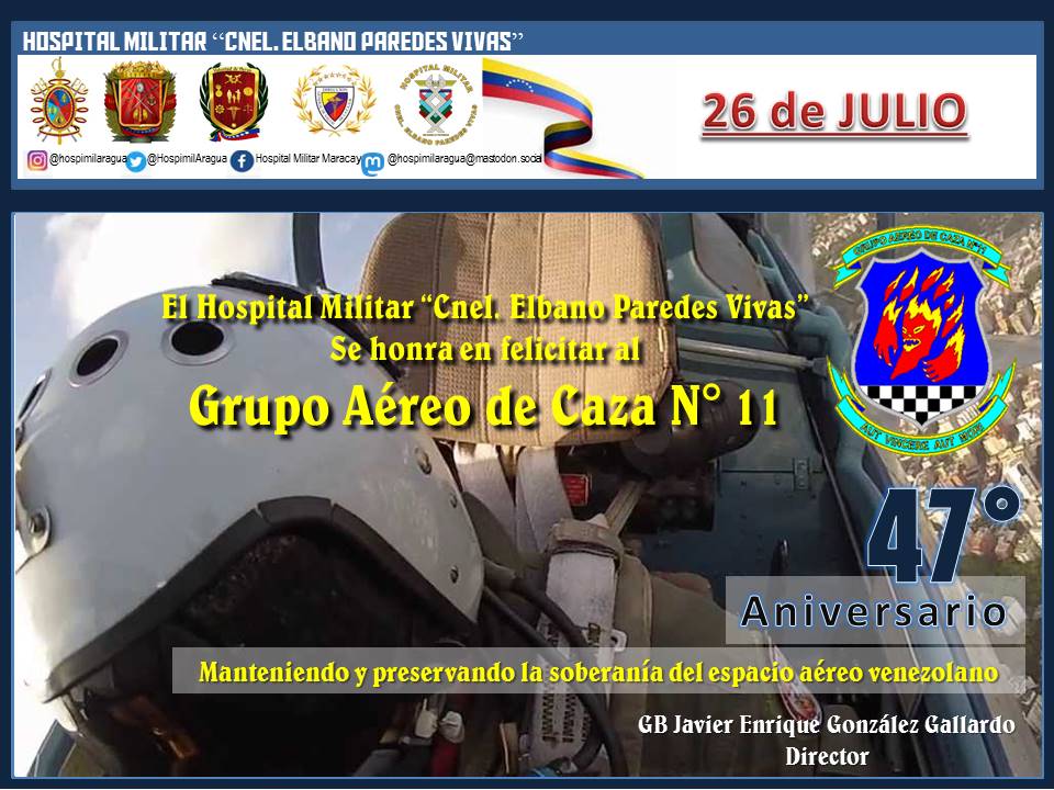 hospimilAragua's tweet photo. #26jul | HOMELPAVI se complace en felicitar al Grupo Aéreo de Caza Nº11. Integrado por hombres y mujeres que operan la punta de lanza de la Aviación Militar Bolivariana. 47 años manteniendo y preservando la soberanía del espacio aéreo venezolano. Su lema es "vencer o morir" https://t.co/Iewf5j7R1p