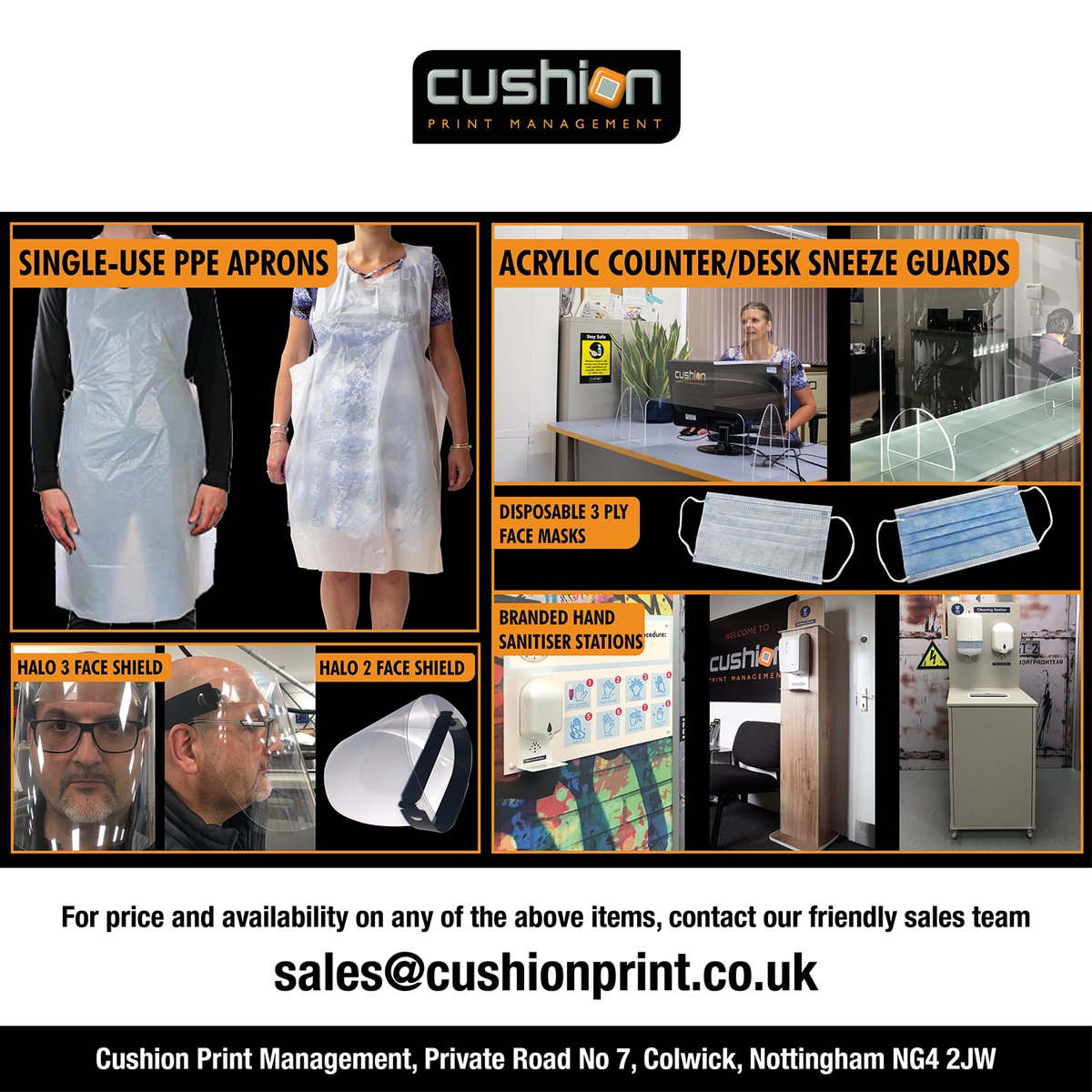 CushVidBroch's tweet photo. We are currently supplying all PPE protection equipment. For price and availability on any of the above items, contact our friendly sales team on 0115 961 6060 or email sales@cushionprint.co.uk #ppeprotection #ppeclothing #sanitiser https://t.co/59Kkl7Ym3n