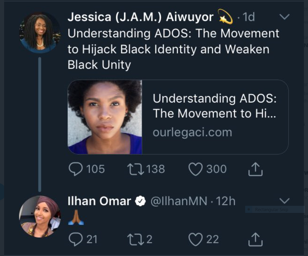 Congresswoman Ilhan Omar Omar even supported Jessica Aiwuyor's hit piece, which references Talib Kweli. https://twitter.com/DebDaughter/status/1287404697960275968?s=20