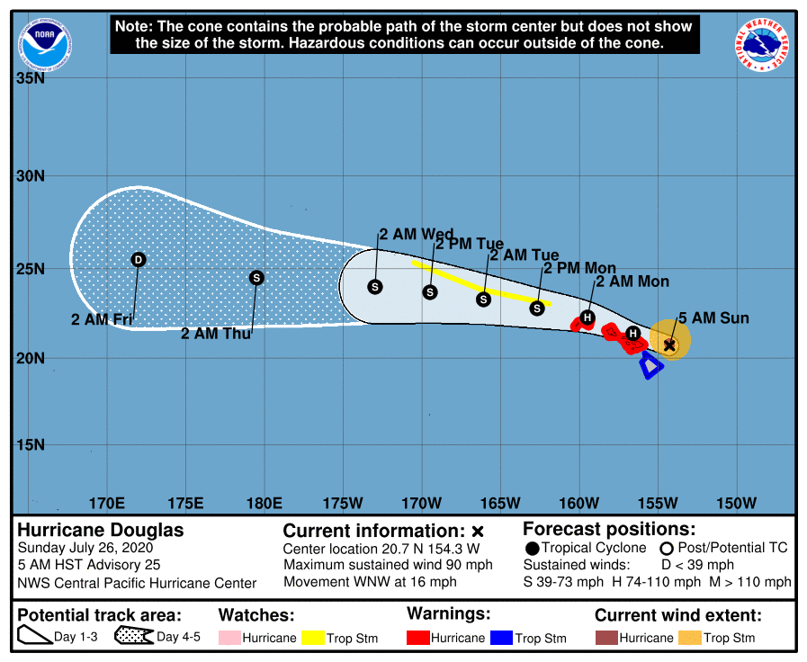 B_Carp01's tweet photo. *NEW* #HURRICANE WARNINGS now in place for #Maui, #Lenai, #Molokai, #Kahoolawe, #Oahu, #Kauai, and #Niihau. with the 11am EDT update for #HurricaneDouglas. Tropical Storm Warning for #Hawaii. Dangerous winds, waves, and rainfall expected. #HIwx #Douglas https://t.co/SoUQyoLvwn