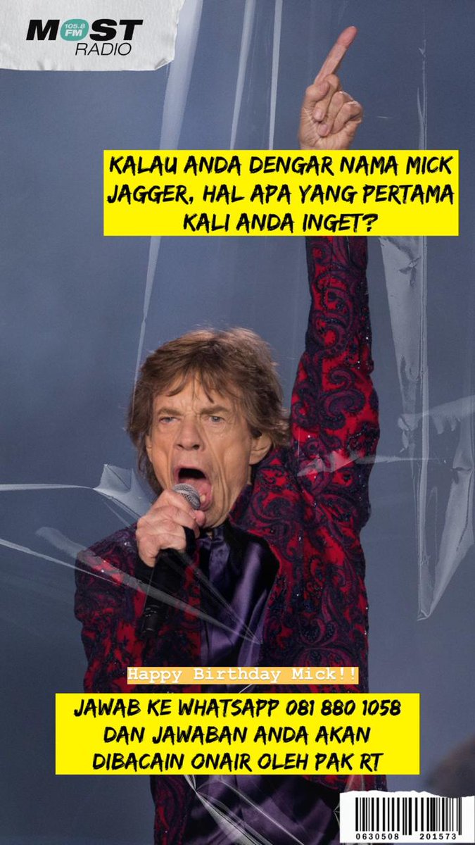 most1058's tweet photo. Kalau anda dengar nama Mick Jagger, hal apa yg pertama kali anda inget??
Whatsapp jawaban Anda ke 081 880 1058 dan akan dibacain langsung onair oleh PAK RT!! #80sForAll https://t.co/PA32imCQiE