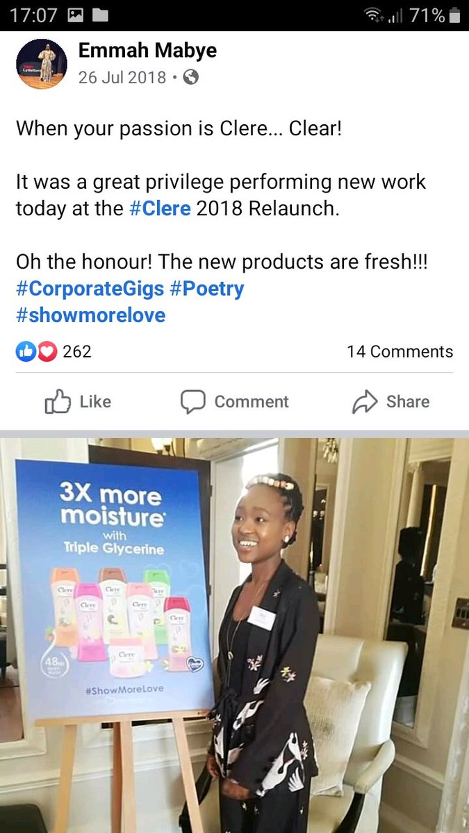EmmahMabye's tweet image. Thanks to Facebook for this reminder...

Writing &amp;amp; performing for Clere, at that historic time for the brand, is definitely one of my highlights to date! 

The poem was a good writing challenge and certainly one of my personal favorites

#Poetry
#Grateful  #PerformanceHighlights