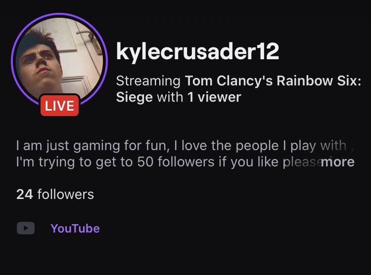 kylecrusader12's tweet photo. Almost 25 followers now I just need 25 on twitter then I’ll do the 24 hour challenge and broadcast on twitch
#smallstreamer #SmallStreamerCommunity #SmallStreamersConnect #RainbowSixSiege #ranked #gettingviews #joinin #AUTOHOST #hostme #PathToAffiliate #RoadToAffiliate #RT https://t.co/4zHGa8H5Mp