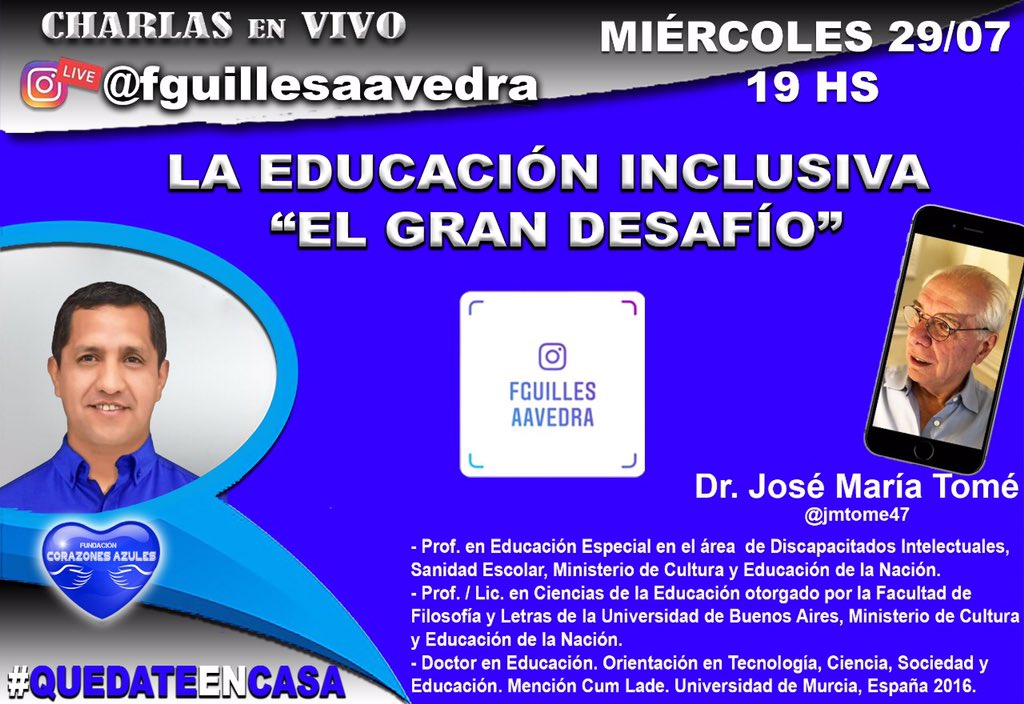 #Educación  Charla IMPERDIBLE! “Nos ofrecerá múltiples perspectivas para caminar juntos hacia una Escuela inclusiva”. Sumate a esta propuesta este MIÉRCOLES 29-07 a hs 19:00. #FundaciónCorazonesAzules #GenerandoOportunidades <a href="/fguillesaavedra/">GUILLERMO SAAVEDRA</a> <a href="/MartaMariaMerlo/">Marta Merlo</a>