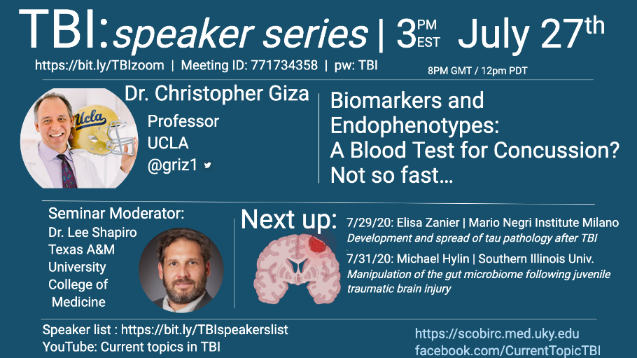 BachstetterLab's tweet photo. A blood test for Concussion? Dr. Giza says, "Not so fast..."
Join us on Monday to find out why.
π
July 27, 8PM GMT / 3pm EST / 12PM PDT
Webinar link: https://t.co/arK6vtWWvF
Meeting ID: 771734358
PW: TBI
@griz1 @BIRC_at_UCLA https://t.co/ZQpXJI95Fx