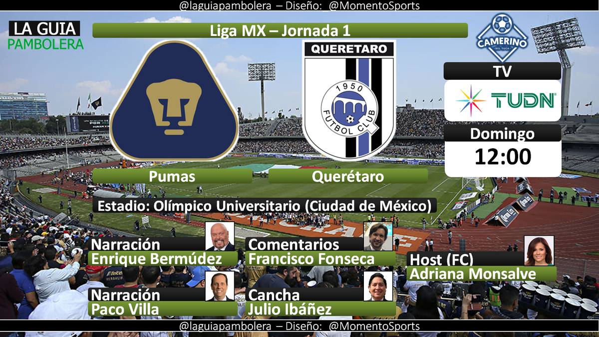 laguiapambolera's tweet photo. HOY: #LigaMX #TusGuard1anes2020 @PumasMX @Club_Queretaro por @Canal_Estrellas @TUDNMEX @Univision y @TUDNUSA con @enriquebermudez @Paco_Villa_ @kikinfg @julioiba y @AdrianaMonsalve (11:45hrs) #VivimosTuPasión

[Fútbol Central por TUDN a las 11:00hrs] https://t.co/qU0Gf1sEJs