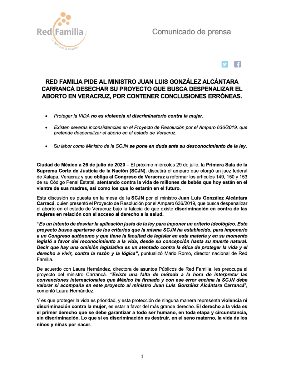RedFamilia's tweet photo. Solicitamos al Ministro Juan Luis González Alcántara desechar su proyecto que busca despenalizar el aborto en  Veracruz bajo la falacia de que existe discriminación en contra de las mujeres en relación con el acceso al derecho a la salud.

#CarrancaNoViolesLaLey #CorteAbortoNo https://t.co/h52zsjUDru