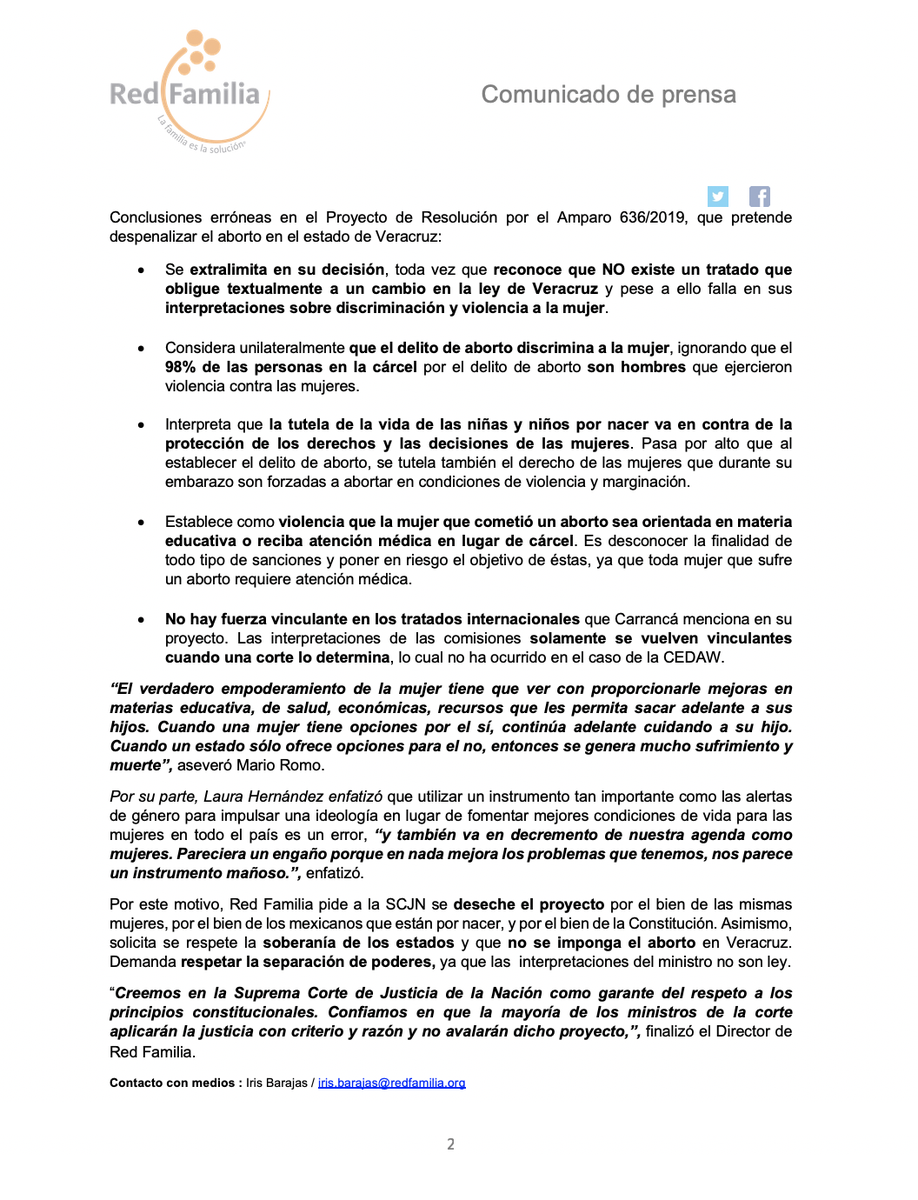 RedFamilia's tweet photo. Solicitamos al Ministro Juan Luis González Alcántara desechar su proyecto que busca despenalizar el aborto en  Veracruz bajo la falacia de que existe discriminación en contra de las mujeres en relación con el acceso al derecho a la salud.

#CarrancaNoViolesLaLey #CorteAbortoNo https://t.co/h52zsjUDru