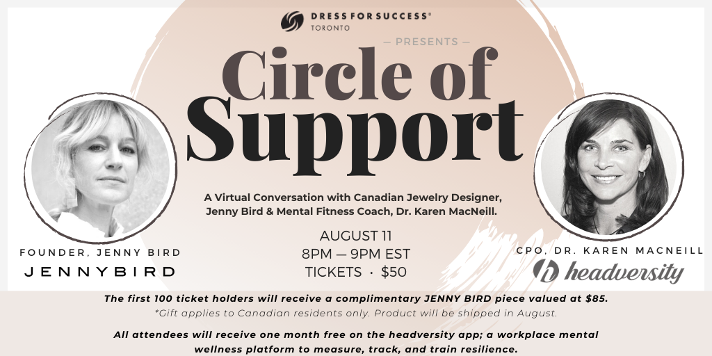 DFSToronto's tweet photo. You're invited to join a virtual conversation in support of Dress for Success Toronto, Featuring Canadian Jewelry Designer, Jenny Bird, founder of @_jennybird, &amp; Mental Fitness Coach, Dr. Karen MacNeill @DrKMacNeill, CPO at @headversity!

Register today: https://t.co/x5SJDe1rFa https://t.co/UJ9QLJ3AdN