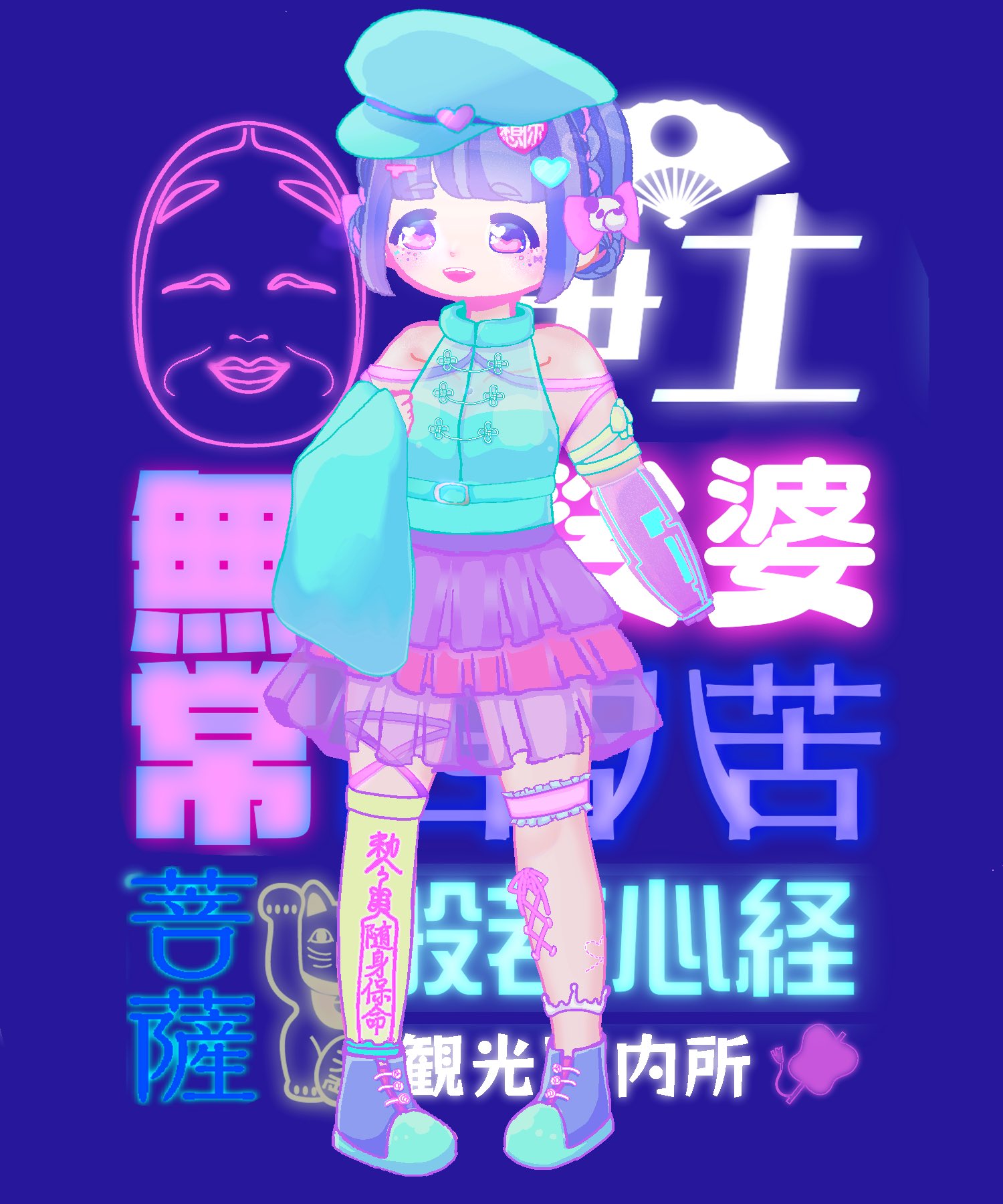 さやま まやe Z夏アイコン企画中 ゆめかわいい と サイバーパンク 使っている色味が似てる 紫 ピンク 青 水色を中心に黄色 緑などのアクセント のでめちゃくちゃ相性がいいんだけど案外ゆめかわサイバーパンク描いている人少ない 良いぞ