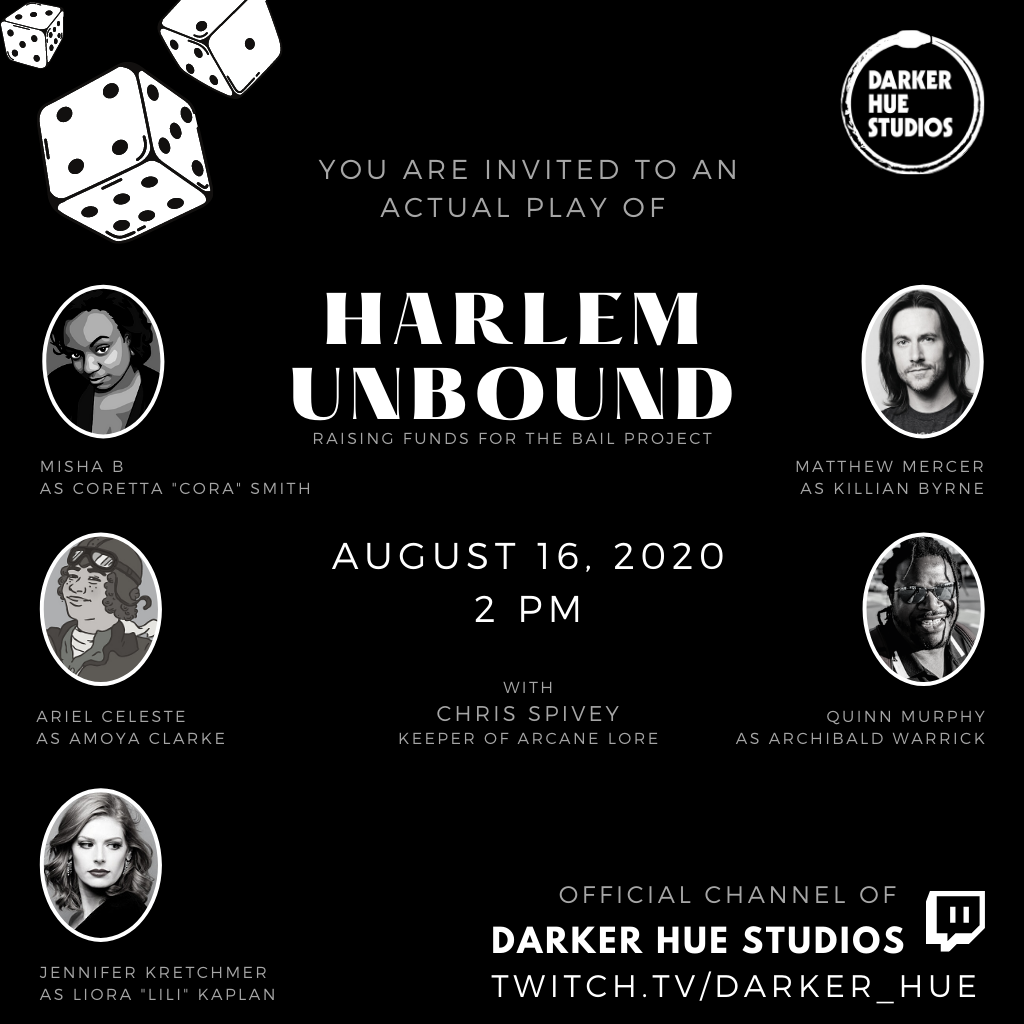 Darker_Hue's tweet photo. Join us for Harlem Unbound's Actual Play on Aug 16 at 2 PM. This table's loaded with talent and moxie. Hard to find a better group than @BGGameWorks @ArielConTessa @dreamwisp @matthewmercer and @qh_murphy. Harlem Hellfighters on @roll20app. Follow us at https://t.co/kETS180LvL https://t.co/sv2xtoFgSj