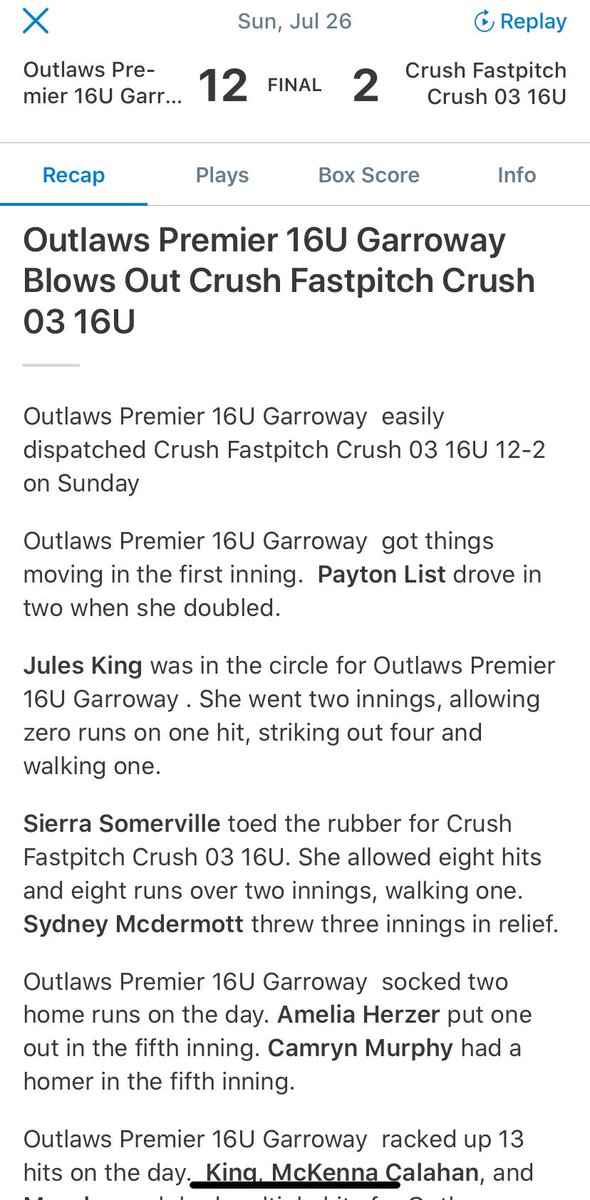 16u_Garroway's tweet photo. Final 12-2 win v Crush 03. WP @juliannaking201 (2ip,4k,1h) @Maddiemckay44 (2ip,6k) @PaytonList2022 (1ip,2k,1h). 💣 for @CamrynMurphy4 (HR,2B,4rbi), 💣@amelia_herzer (HR), @CalahanMckenna(2-4), King(3-3), List(2B,2rbi), @SniegockiAli (2rbi), @abbyschellerrr (2B,2rbi) @RMUSoftball https://t.co/yaMBVdbHQm
