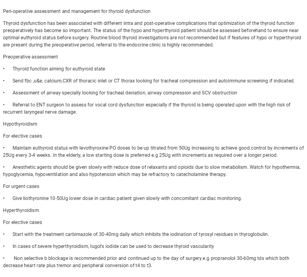 Peri-operative assessment and management for thyroid dysfunctionThyroid dysfunction has been associated with different intra and post-operative complications that optimization of the thyroid function preoperatively has become so important. The status of..