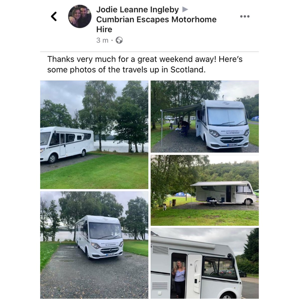 CumbrianEscapes's tweet photo. Great to see #photos of our #motorhome being enjoyed for a #weekendaway by a couple and their #dog from #Carlisle #Cumbria in beautiful #Scotland by #LochLomond. We are delighted that they had a lovely time. #rvhire #motorhomehire #uk https://t.co/tkB60VPMKu