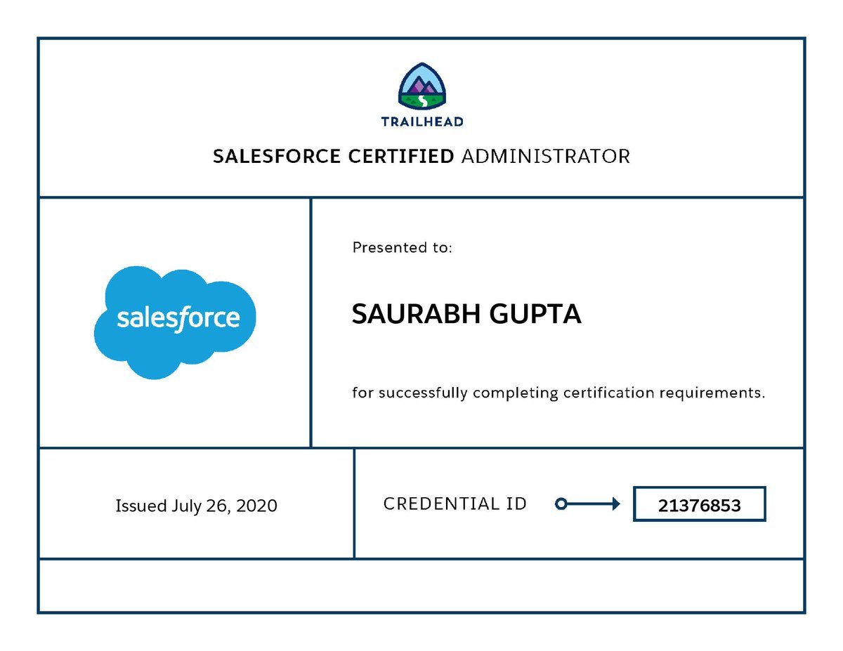 saurabhgupta773's tweet image. I’m so happy to share that I’ve cleared my first 
@Salesforce certification! Thanks @trailhead for the amazing content. 😍😃
#Salesforce #salesforceadmin #certified @logicrain