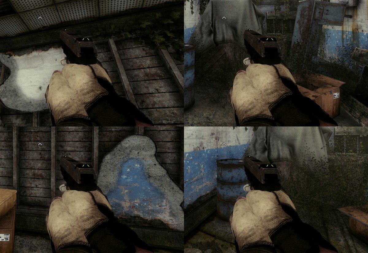 Then, look at this pic as I move my view weapon, with the same materials, but ambient light only and zero dynamic lights influencing the surface (NOTE: I've bumped up the base ambient brightness here for visibility). Same thing applies.