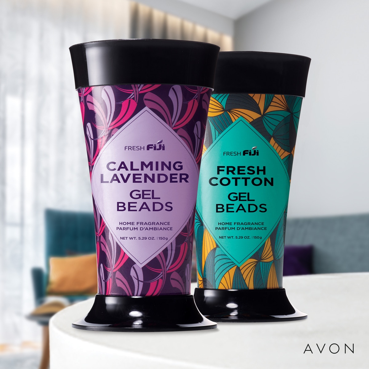 Fresh Fiji Gel Bead Diffuser. Freshen your home. Gel beads provide a slow release of fragrance. Infused with green tea extracts to remove and neutralize odors. #AvonEssentials #AvonRep #CalmingLavender #FreshCotton go.youravon.com/3njfpp