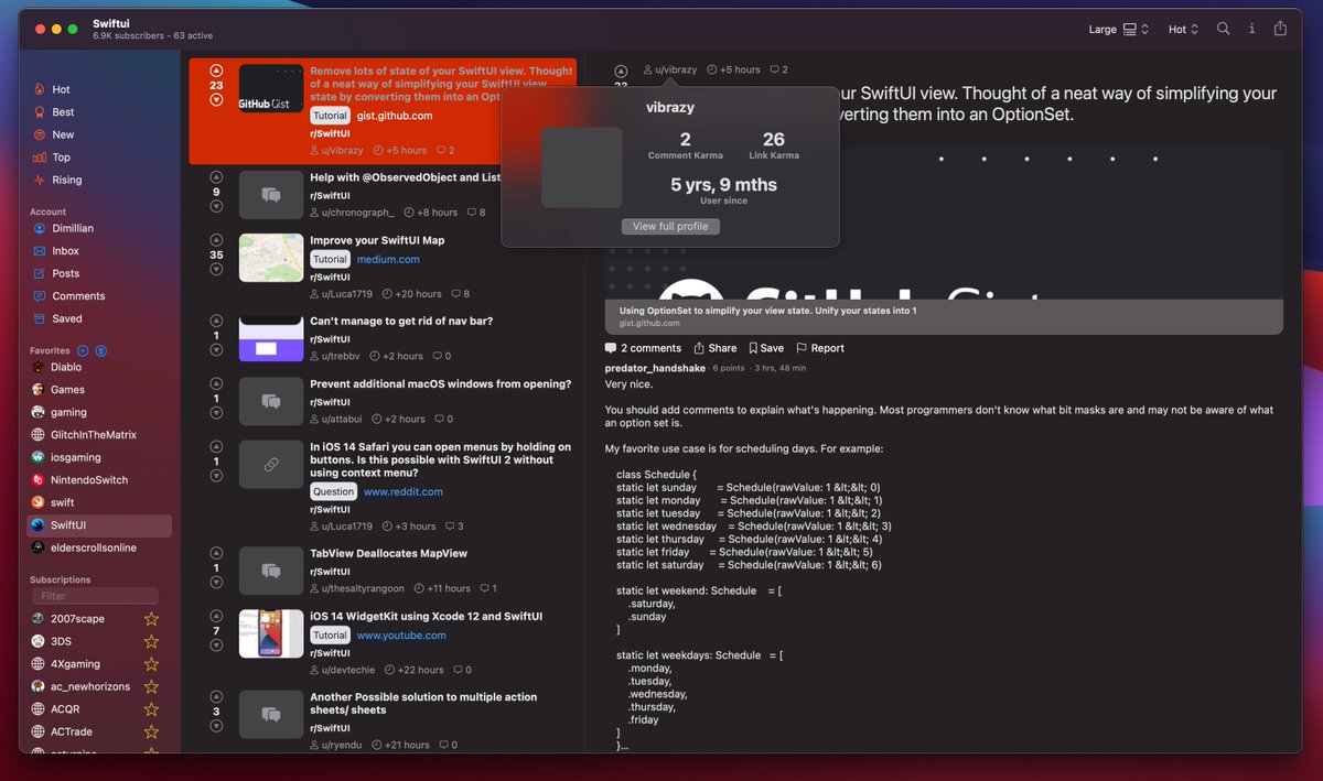 Dimillian's tweet photo. Here is the latest look &amp; feel of @OsReddit. I couldn't even imagine making that much progress, that fast, on a UIKit or AppKit project. This is just fun to iterate &amp; build. The code is also staying quite simple and I'm happy with the current architecture! https://t.co/cNXE6oWu7Y https://t.co/xPtwAFcupa