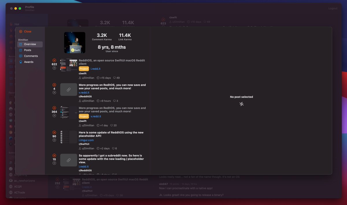Dimillian's tweet photo. Here is the latest look &amp; feel of @OsReddit. I couldn't even imagine making that much progress, that fast, on a UIKit or AppKit project. This is just fun to iterate &amp; build. The code is also staying quite simple and I'm happy with the current architecture! https://t.co/cNXE6oWu7Y https://t.co/xPtwAFcupa