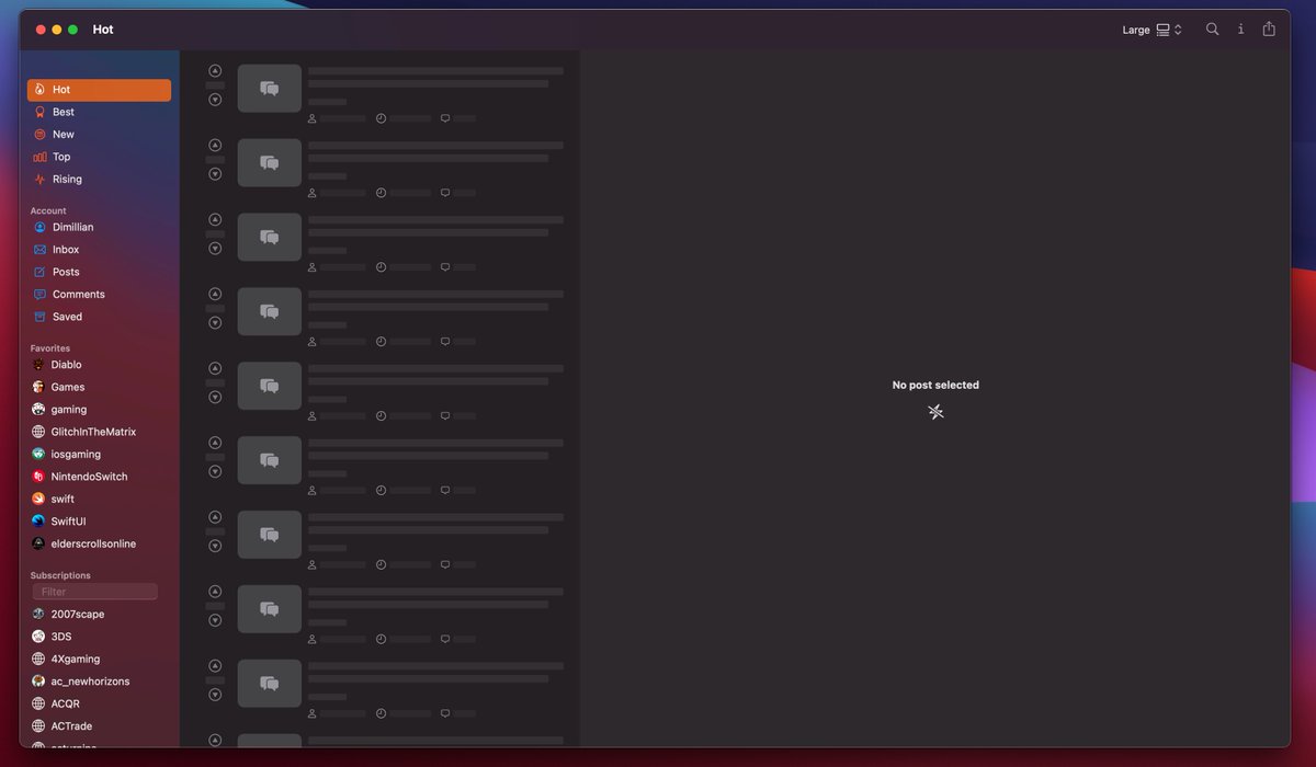 Dimillian's tweet photo. Here is the latest look &amp; feel of @OsReddit. I couldn't even imagine making that much progress, that fast, on a UIKit or AppKit project. This is just fun to iterate &amp; build. The code is also staying quite simple and I'm happy with the current architecture! https://t.co/cNXE6oWu7Y https://t.co/xPtwAFcupa