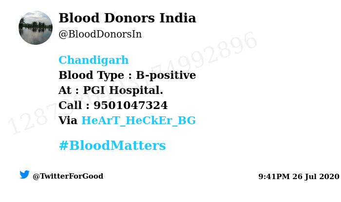 BloodDonorsIn's tweet photo. #Chandigarh
Need #Blood Type :  B-positive
At : PGI Hospital. 
Blood Component : Blood
Number of Units : 3
Primary Number : 9501047324
Via: @HeArT_HeCkEr_BG
#BloodMatters
Powered by Twitter https://t.co/7appJzWLfg