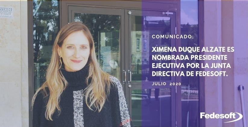 FedesoftCol's tweet photo. COMUNICADO OFICIAL - @XimenaDuqueA es nombrada presidente ejecutiva por la Junta Directiva de FEDESOFT.

En nombre de la Federación y afiliados, celebramos su nombramiento para continuar con el fortalecimiento de la #IndustriaNacional de #Software y #TI🇨🇴

https://t.co/YcPLzNyIml https://t.co/Y14AkzGziy