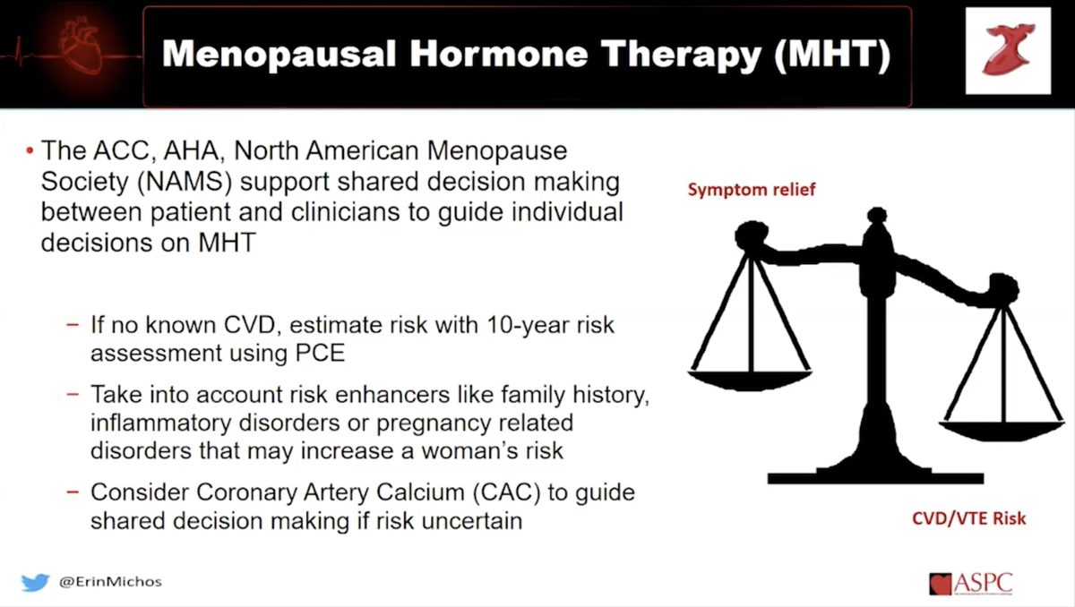 ASPCardio's tweet photo. #ASPC20 #heartofprevention @ErinMichos ABCDE's of prevention when women undergo menopause 
♥️HRT use in women: use CAC to help determine risk #YeSCCT https://t.co/Y38o9jC2Rr
