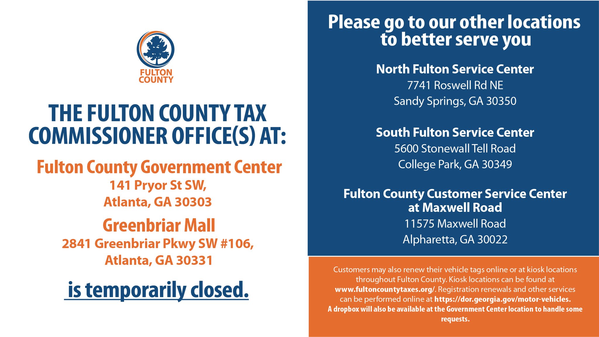 Fultoncountygeorgia On Twitter Beginning Monday July 27 2020 The Fulton County Tax Office Will Close Two Locations Temporarily Until Further Notice These Closures Come As Part Of The County Returning To Phase