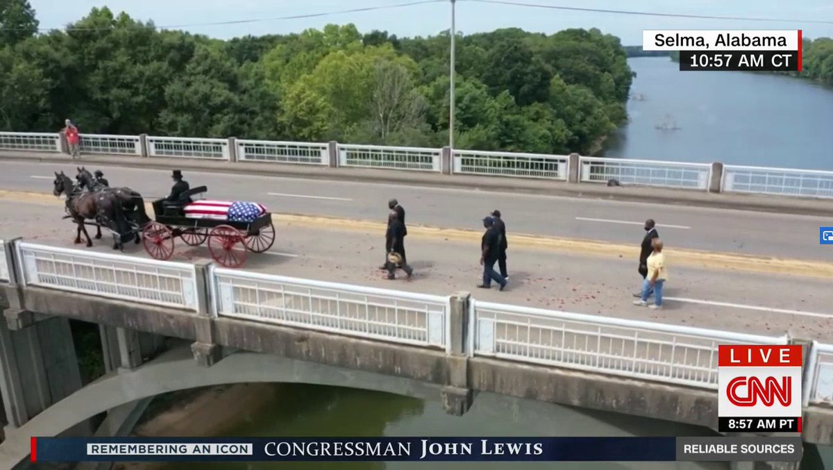 ThomasDBradley's tweet photo. I'm not gonna lie. I cried when the late Congressman #JohnLews crossed the Edmund Pettus Bridge one last time. #goodtroube https://t.co/AfREsv1z6C