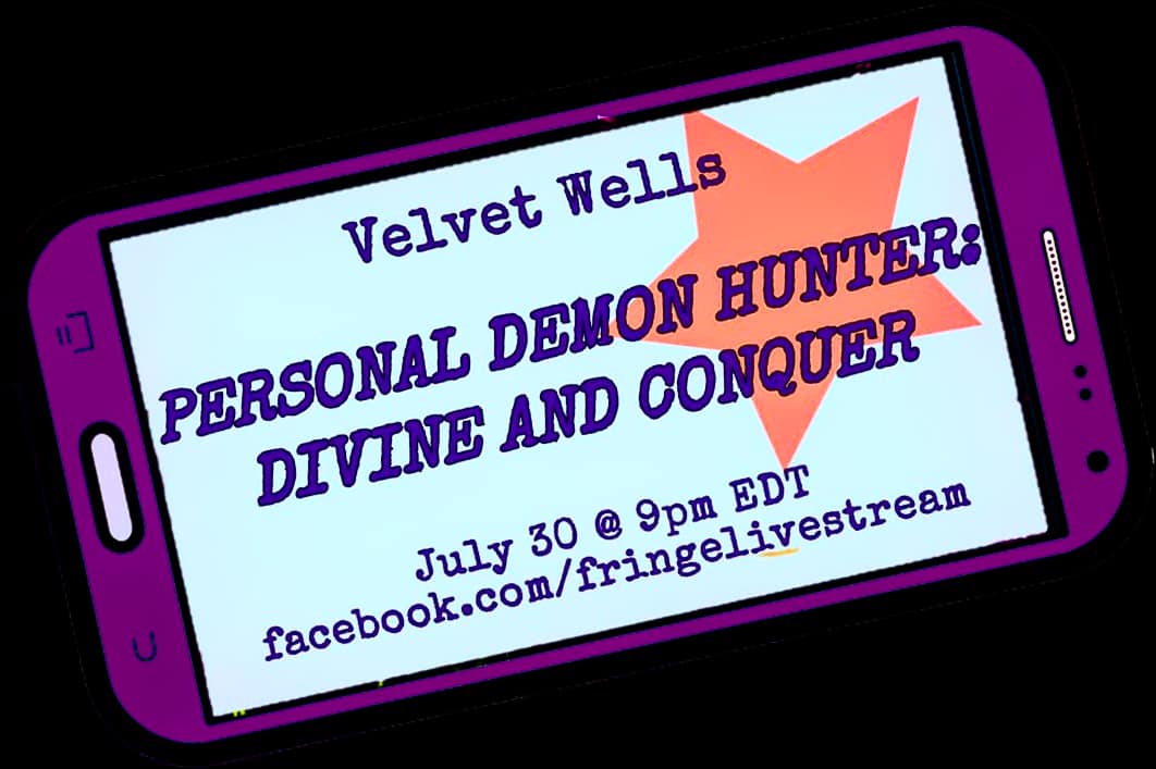 THURSDAY!
Velvet Wells returns as motivational guru @VelvetDuke to be your Personal Demon Hunter!

Through Personal stories and improvised songs of Black Joy, Velvet is a master at working through the things that haunt us in a funny, accessible, interactive way. #FringeLiveStream