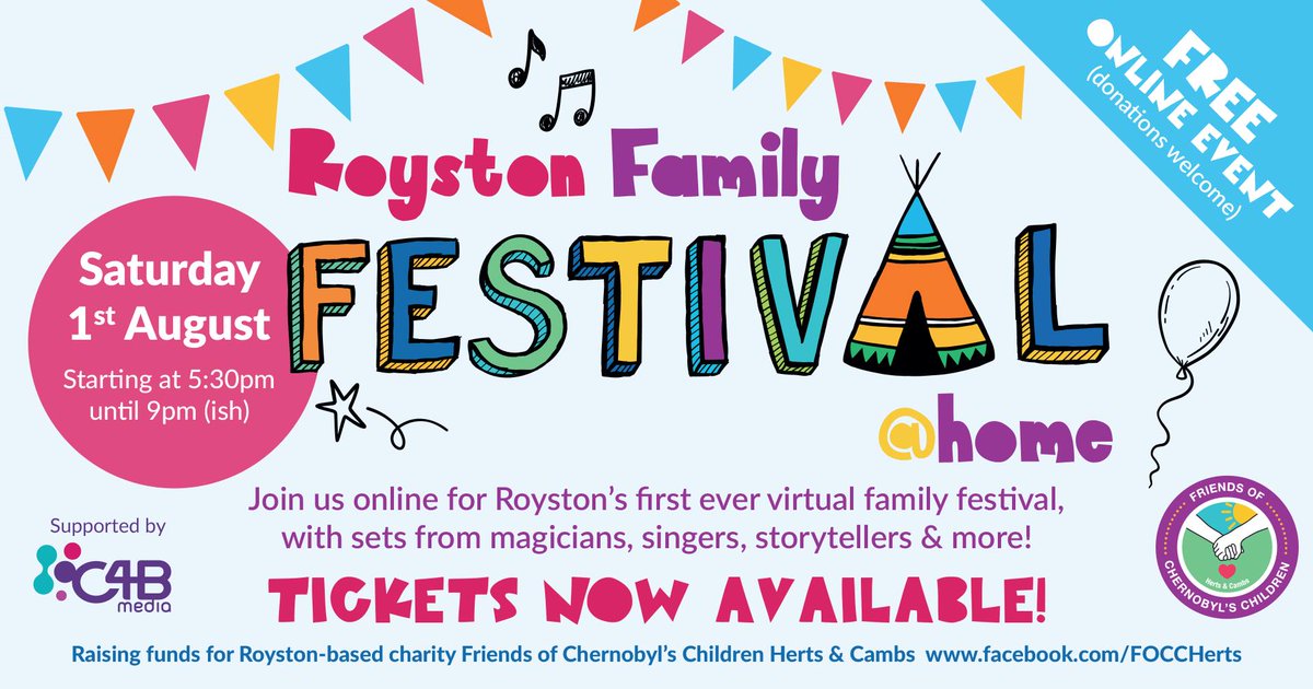TheListing's tweet photo. Friends of Chernobyl’s Children Herts &amp; Cambs invite you to join #RoystonFamilyFestival @Home 2020 this Sat 1st Aug from 5.30-9pm. This is a free online event (donations welcome).

For more details visit: https://t.co/qb56JoIJA0 https://t.co/1a3a7MqAe4