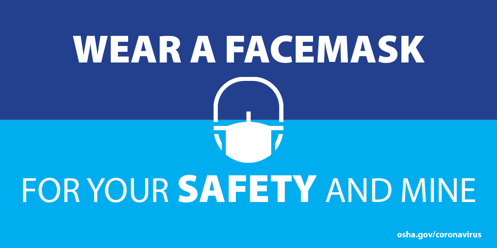 USDOL's tweet photo. Protect yourself and coworkers from the #coronavirus.
• Stay 6+ feet away from others
• Wear a facemask
• Wash your hands regularly, with soap
Get more tips on workplace safety and the #coronavirus: https://t.co/t7mVV9FQ2f #KeepWorkersSafe https://t.co/vCzuPPaHh3