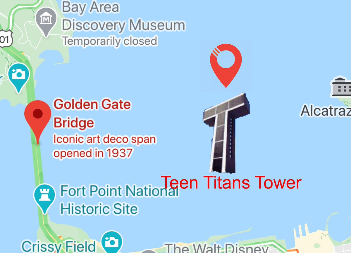 AshKetc18309230's tweet photo. If Titans Tower was on Google Maps #Google #GogleMaps #SanFrancisco #california #GoldenGateBridge #TeenTitans #LasAngles https://t.co/hkIPCIC598