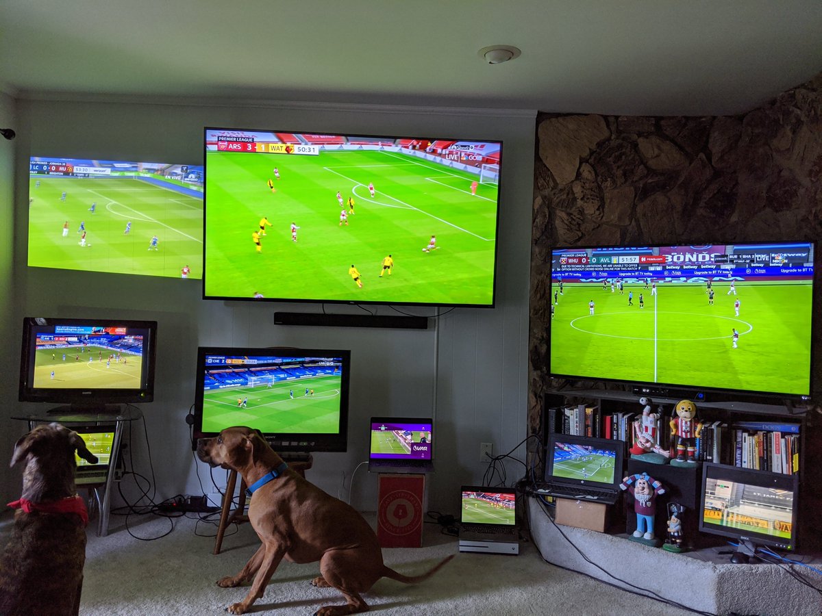 TomItUp's tweet photo. @NBCSportsSoccer Watching all 10 games. The dogs are glued to the replay of the KDB strike. https://t.co/O91xrMkUCa