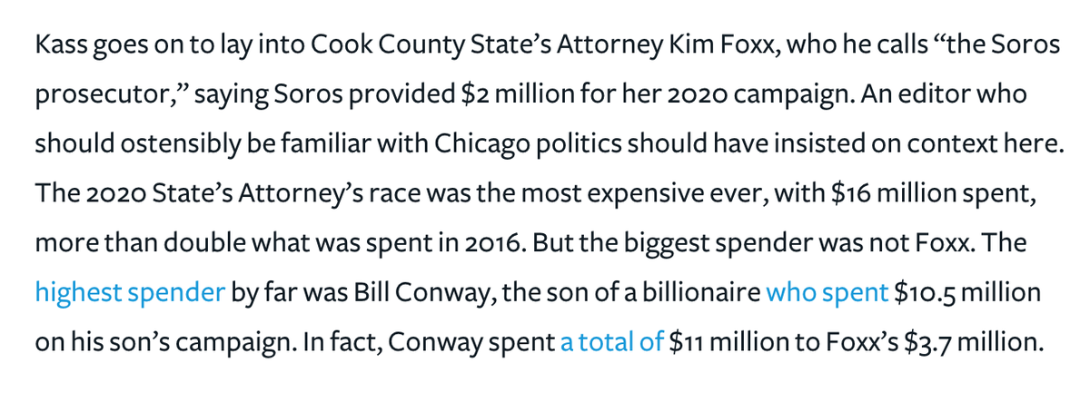 Kushner also noted Kass' Soros column lacked key context. Kass mentioned that Soros donated $2M to help elect  @KimFoxxforSA, suggesting he bought the election for her. What Kass didn't mention is that Foxx's opponent's billionaire dad donated 5X as much to his son's campaign.