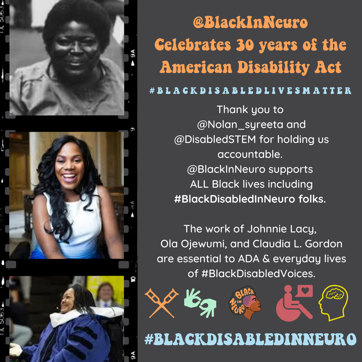 BlackInNeuro's tweet image. In honor of the 30 year anniversary of the American Disabilities Act #ADA, we're recognizing a few #BlackDisabledInNeuro pioneers who have helped pave the way for us.