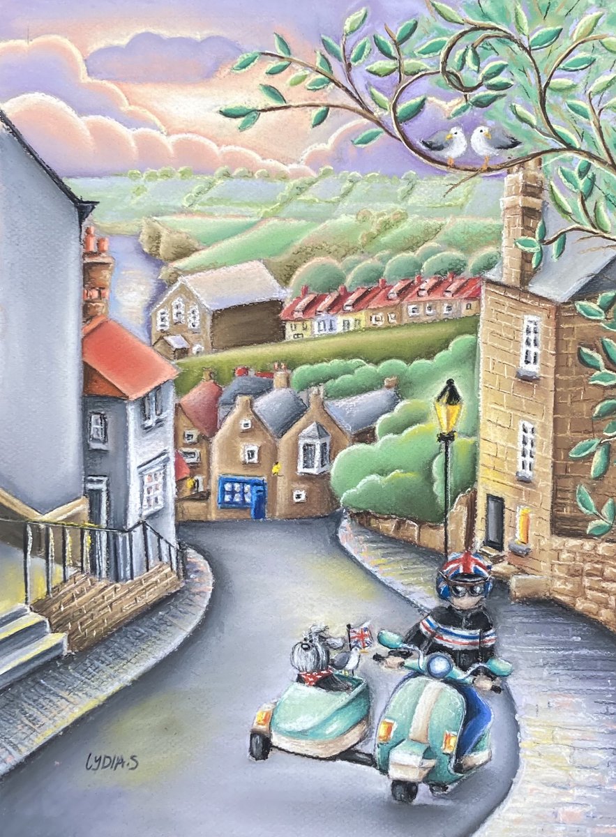 ‘Happy Days’ my latest artwork, taken from the beautiful Robin Hoods Bay. #staycation #whitby #robinhoodsbay #artforsale #fineart #vespa #retroart #softpastels #originalart #holidaytimes #yorkshireartist #lydiastreets