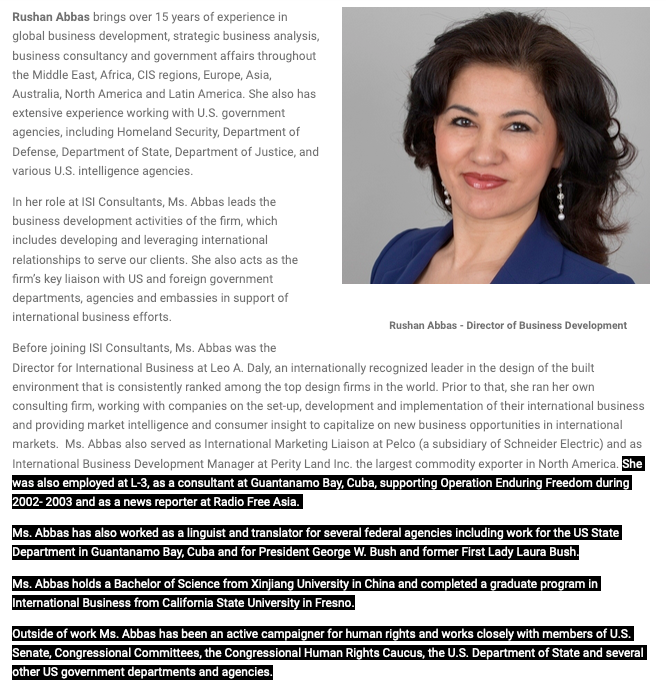 So, with that in mind, what about projects like the Xinjiang Victims Database at Shahit dot biz? So many sad stories!Well, you need to dig in!Rushan Abbas is featured in it repeatedly. Rushan Abbas worked as a translator for Bush in Guantanamo Bay! She thinks GB > China.