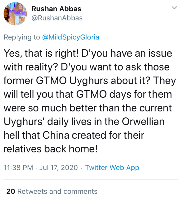 So, with that in mind, what about projects like the Xinjiang Victims Database at Shahit dot biz? So many sad stories!Well, you need to dig in!Rushan Abbas is featured in it repeatedly. Rushan Abbas worked as a translator for Bush in Guantanamo Bay! She thinks GB > China.