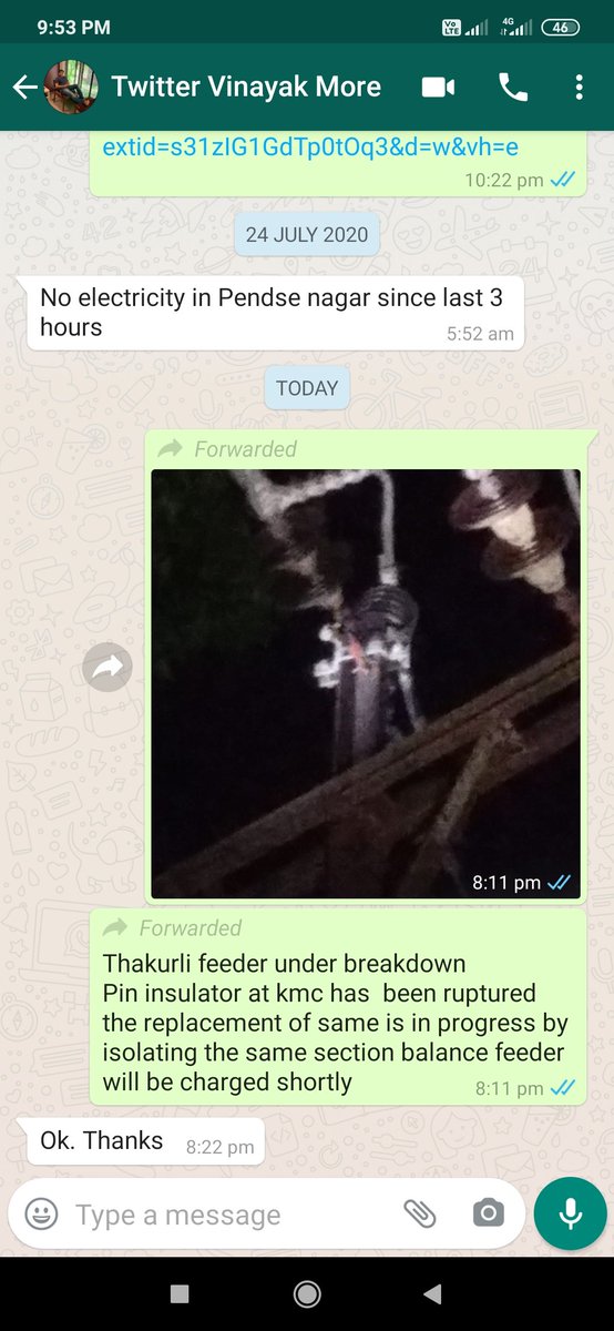 sdo4166's tweet photo. @vinayakmore44 @Sekalyan1 @CMDMSEDCL @Dev_Fadnavis @NitinRaut_INC @MAHAVITARAN @narendramodi @CMOMaharashtra Sir, At 19:40 hrs Thakurli feeder tripped on B ph earth fault . After patrolling of overhead HT line , Pin insulator in KMC Galli found burst. At 20:43 hrs partial feeder upto that charged and at 21:03 hrs total feeder supply restored after work. https://t.co/euAnrwxamh