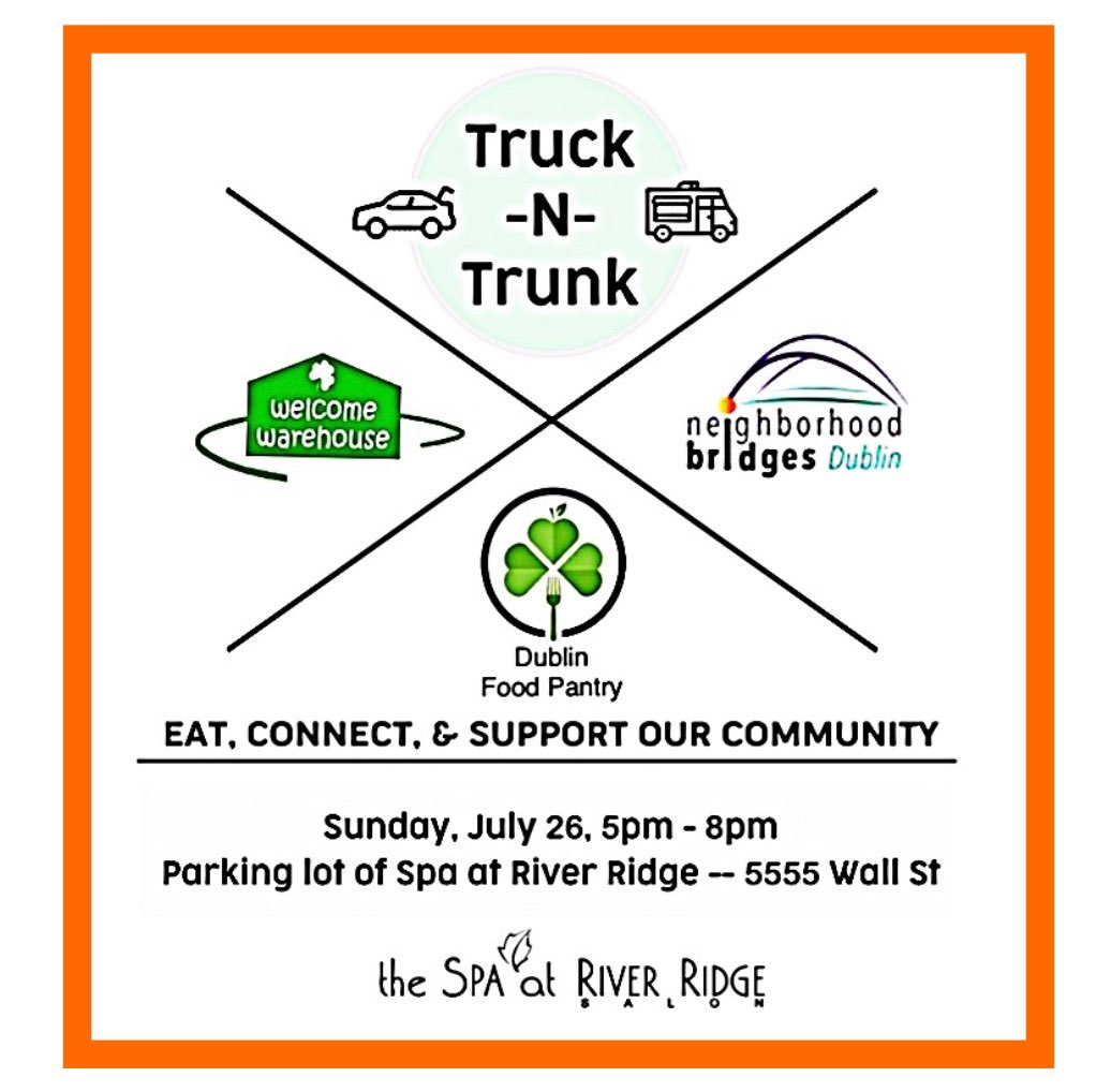 DebPapesh4's tweet photo. Dublin Truck-n-Trunk
#eatwelldogood
•4 Food Trucks 
•3 Dublin non-profits
•Drive thru donation drop/dinner pick-up😷 
•Online order/pay/text when food is ready via https://t.co/MeIuLomOnR 
•Pantry/self care/school supply items/$ 
@spaatriverridge 
🗓 Sunday 7/26
🕰 5-8 pm https://t.co/DtpHRg5XSe
