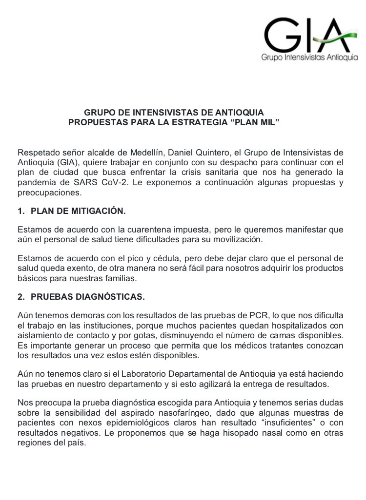 ucisantioquia's tweet photo. Acá algunas propuestas del Grupo de Intensivistas de Antioquia para enfrentar el crisis durante la pandemia. Carta enviada a la secretaria de salud @QuinteroCalle el 06/04/2020. https://t.co/OdYLnXgVKx