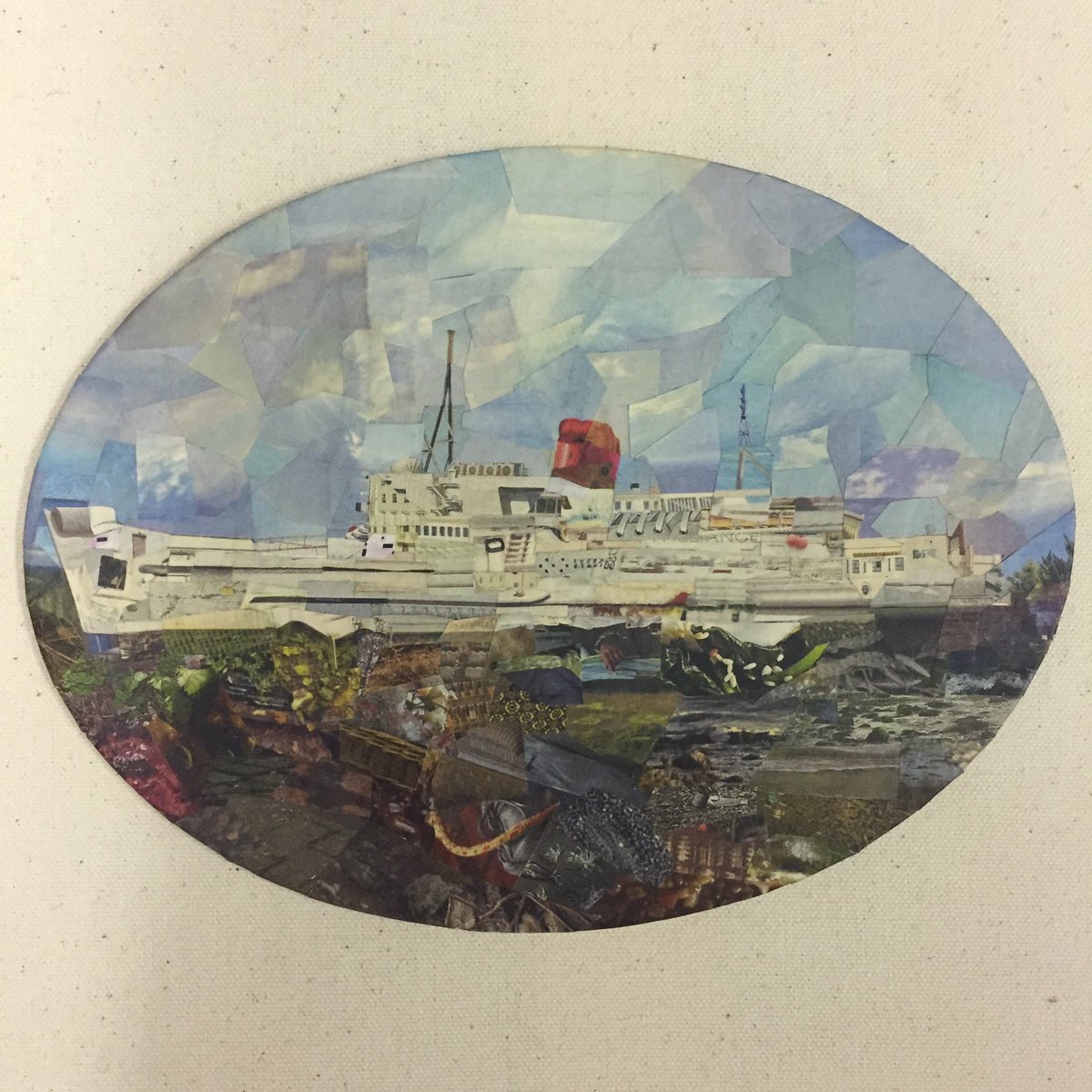 simonleahyclark's tweet photo. Selling this collage work as part of @artistsupportpledge for £200. Ship III, newspaper cuttings on board, 24cm x 18cm, 2013. #collage #marineart #microcollage #photomontage #boat #contemporaryart #londonart #artcollectors #artistsupportpledge #artistsofinstagram #artforsale https://t.co/0kDBzUux5y