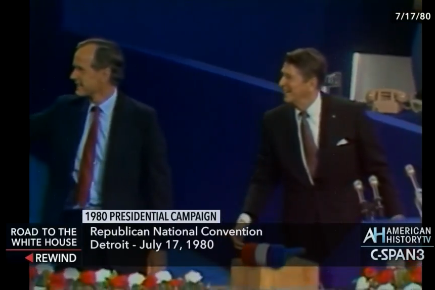 1980 R: "I went to the Republican convention in Detroit knowing the vice presidency was a possibility, but I did not expect it. ... No one was more surprised than I was when I answered the phone in my hotel suite and Ronald Reagan was on the other end of the line."-George HW Bush