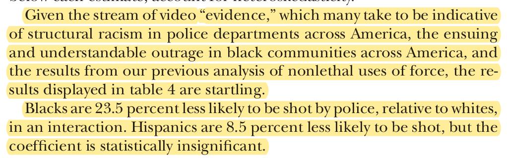 With this one in the original paper, which clearly seems to suggest that his empirical findings contradict prior claims of discrimination based on video evidence:
